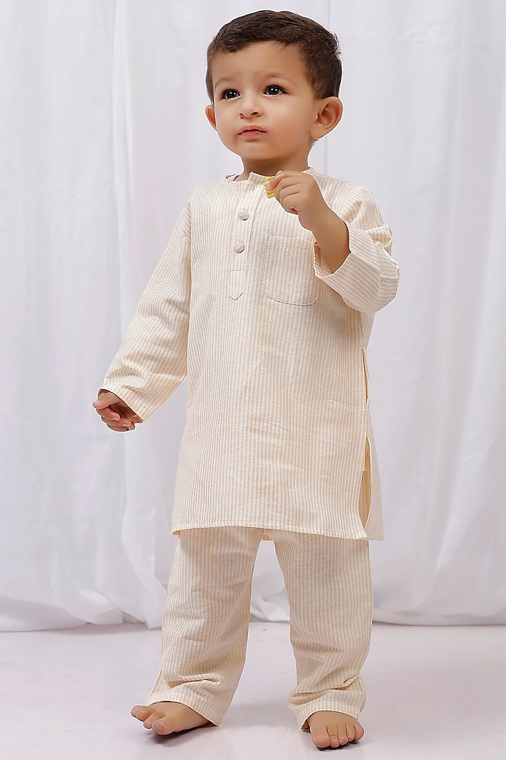 Yellow Cotton Stripes Printed Kurta Set For Boys by Tjori at Pernia's Pop Up Shop