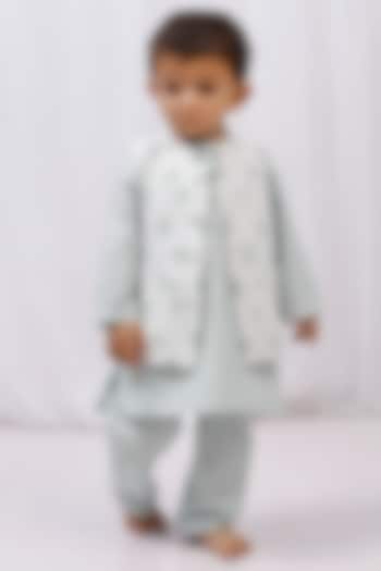 White Cotton Printed Bundi Jacket With Kurta Set For Boys by Tjori