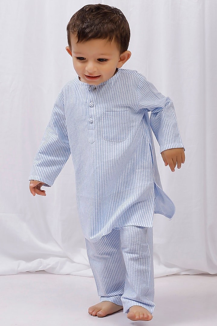 Blue Cotton Stripes Printed Kurta Set For Boys by Tjori at Pernia's Pop Up Shop