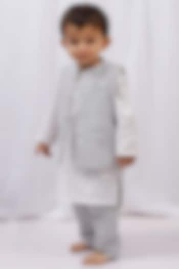 White & Black Cotton Printed Nehru Jacket With Kurta Set For Boys by Tjori at Pernia's Pop Up Shop