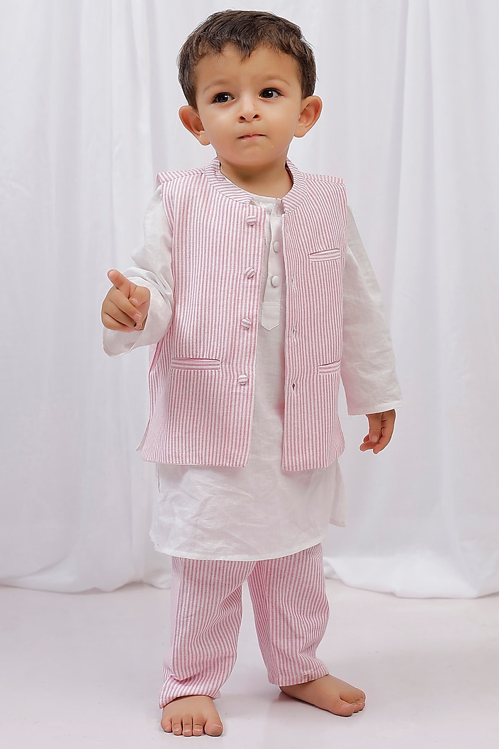 Pink Cotton Printed Nehru Jacket With Kurta Set For Boys by Tjori at Pernia's Pop Up Shop