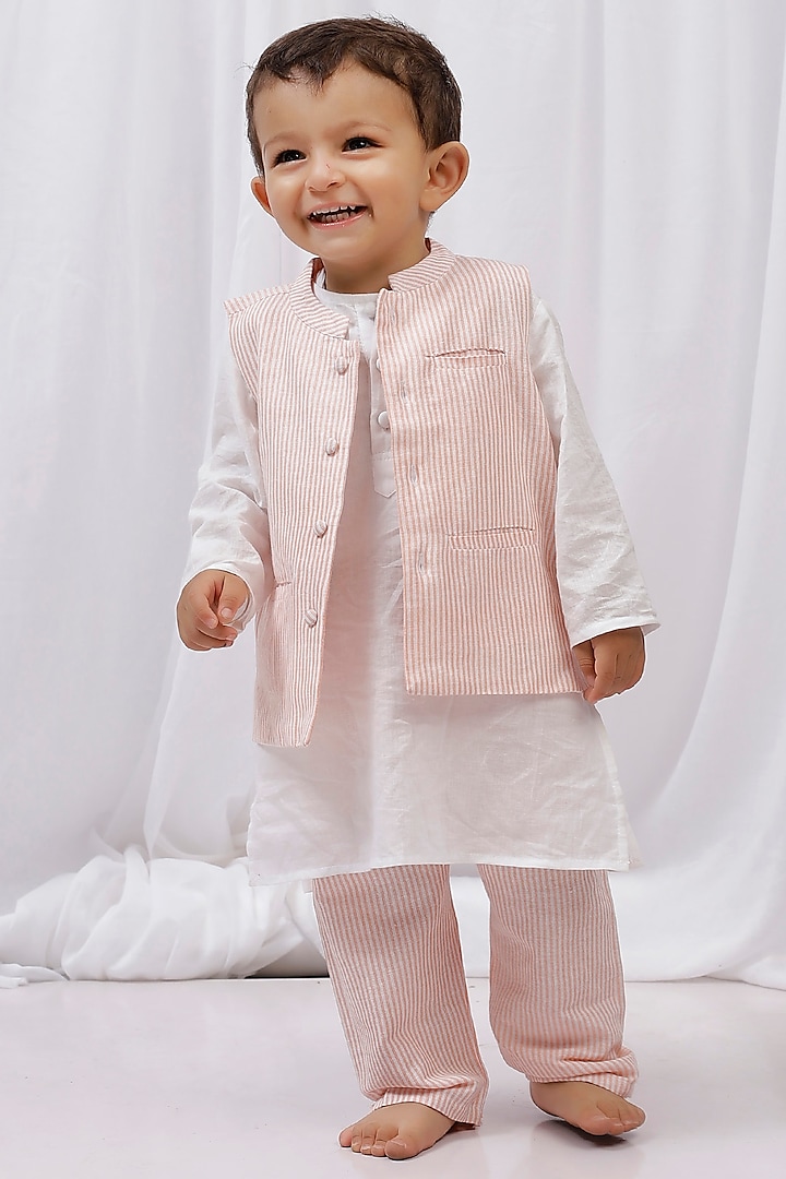 White Cotton Printed Nehru Jacket With Kurta Set For Boys by Tjori