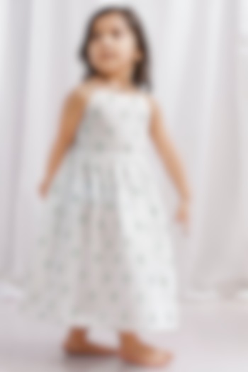 White Cotton Printed Dress For Girls by Tjori