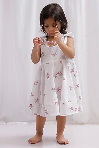 Buy White Block Printed Dress for 9-10 Year Girls Online from