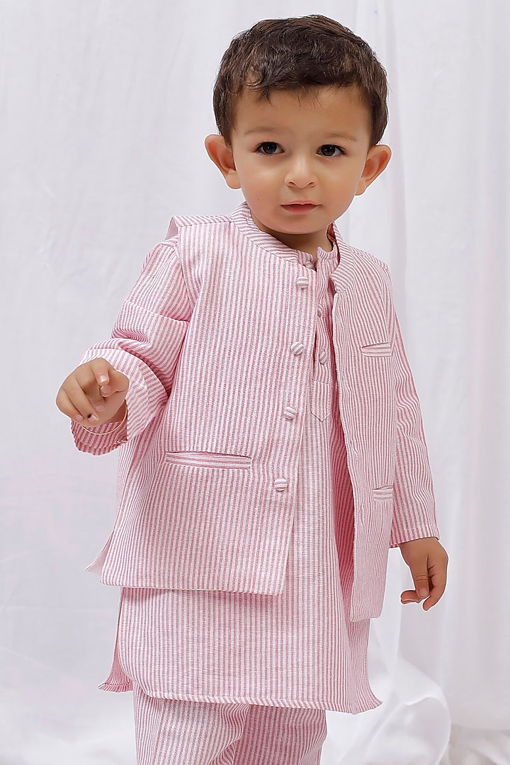 Pink Cotton Printed Nehru Jacket For Boys by Tjori