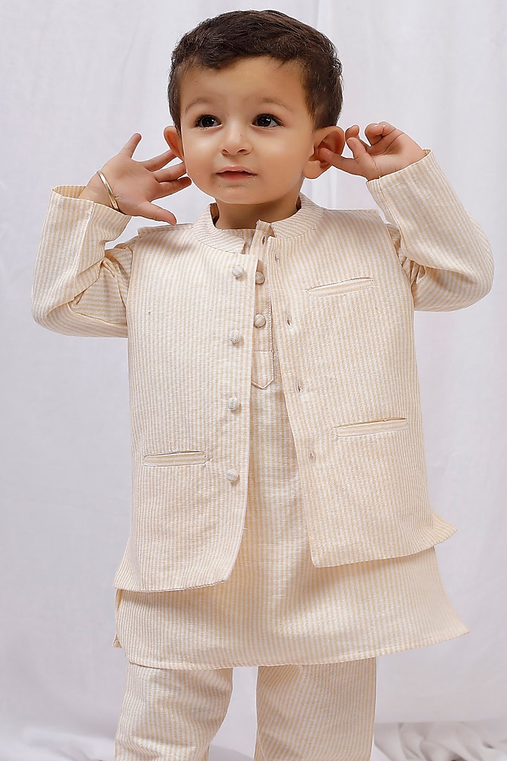 Yellow Cotton Printed Nehru Jacket For Boys by Tjori