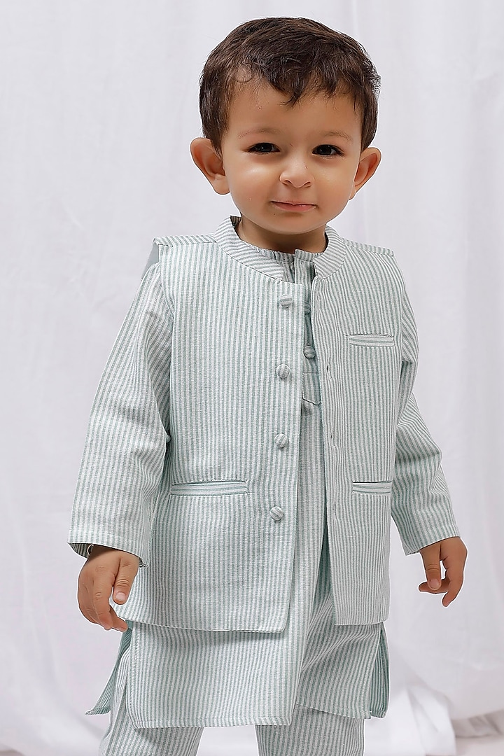 Green Cotton Printed Nehru Jacket For Boys by Tjori