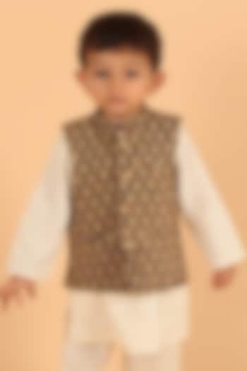 Khaki Cotton Printed Nehru Jacket For Boys by Tjori