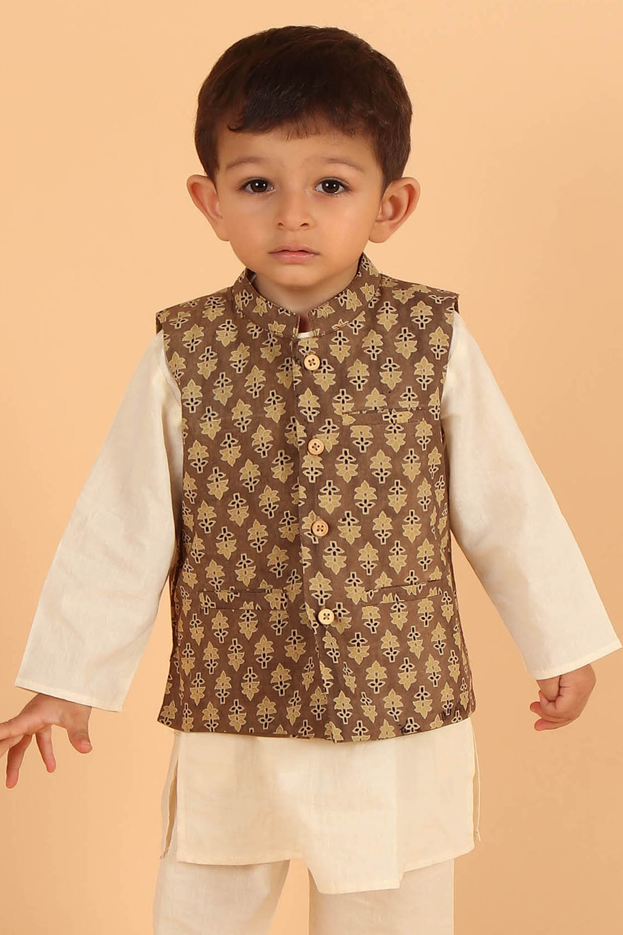 Khaki Cotton Printed Nehru Jacket For Boys by Tjori