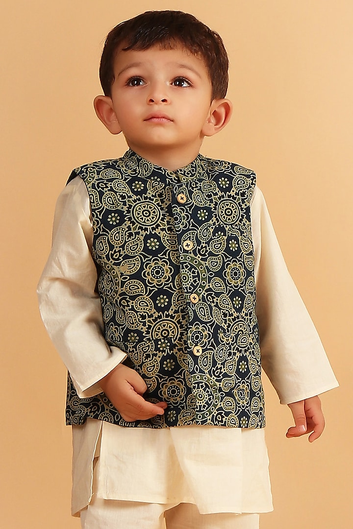 Indigo Cotton Printed Nehru Jacket For Boys by Tjori