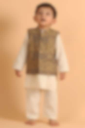 Khaki Cotton Printed Nehru Jacket With Kurta Set For Boys by Tjori