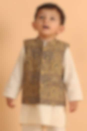 Khaki Cotton Printed Nehru Jacket With Kurta Set For Boys by Tjori