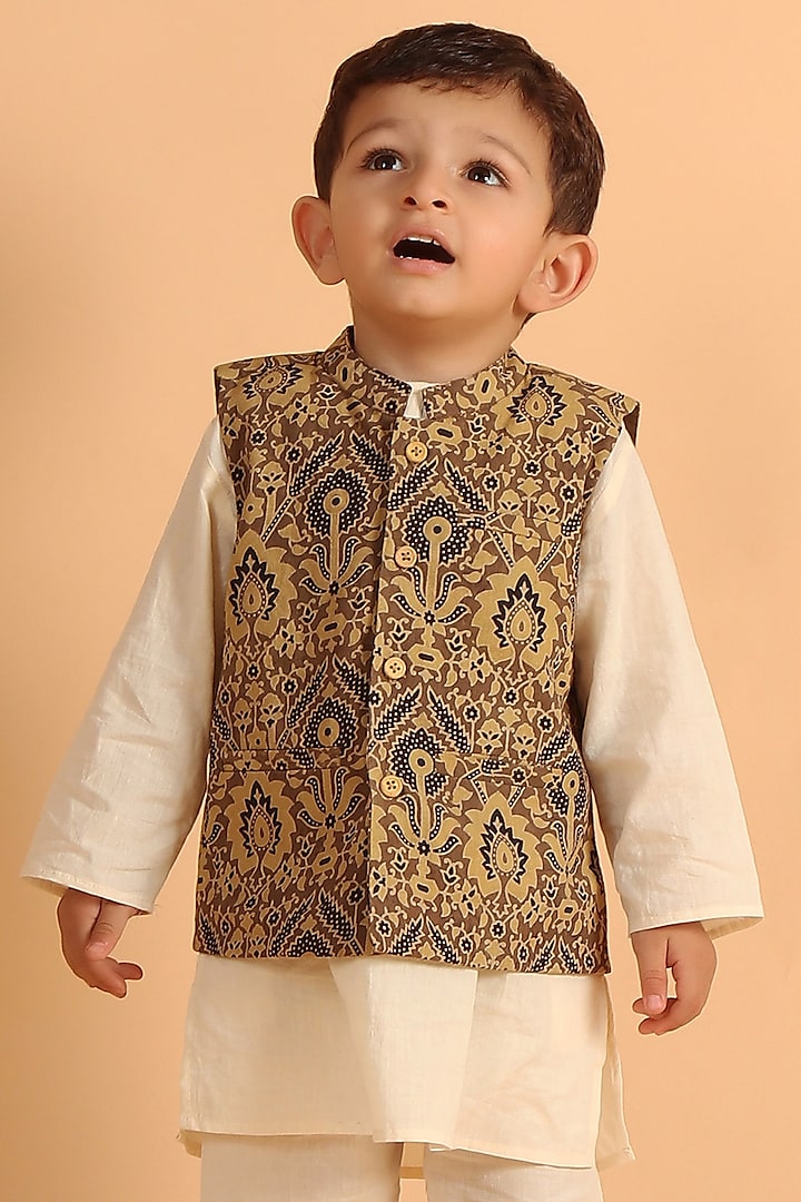 Khaki Cotton Printed Nehru Jacket With Kurta Set For Boys by Tjori