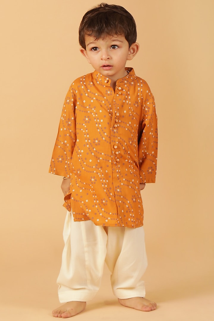 Orange Cotton Bandhani Printed Kurta Set For Boys by Tjori