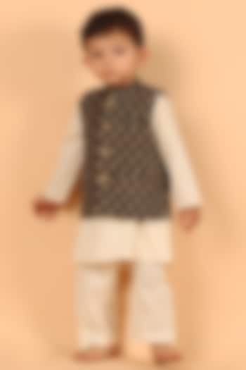 Black Cotton Printed Nehru Jacket With Kurta Set For Boys by Tjori India pvt ltd at Pernia's Pop Up Shop