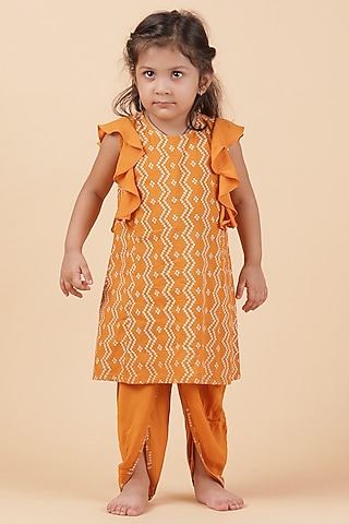 Orange Cotton Bandhani Printed Kurta Set For Girls by Tjori India pvt ltd