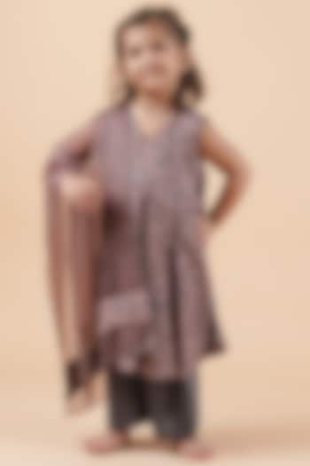 Brownish Grey Cotton Bandhani Printed Kurta Set For Girls by Tjori India pvt ltd at Pernia's Pop Up Shop