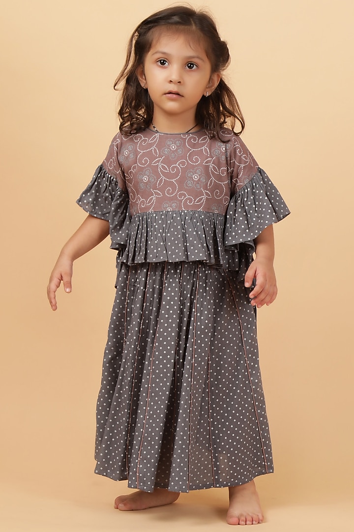Dark Grey Cotton Bandhani Printed Kalidar Skirt Set For Girls by Tjori India pvt ltd at Pernia's Pop Up Shop