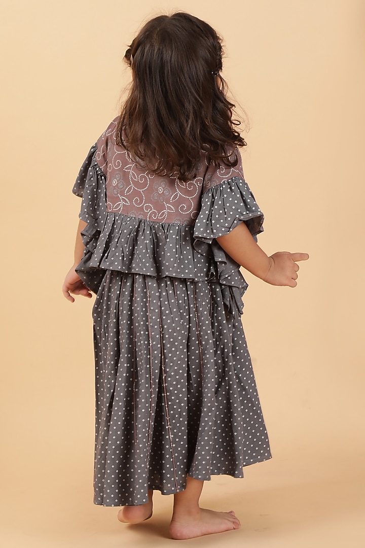 Dark Grey Cotton Bandhani Printed Kalidar Skirt Set For Girls by Tjori India pvt ltd at Pernia's Pop Up Shop