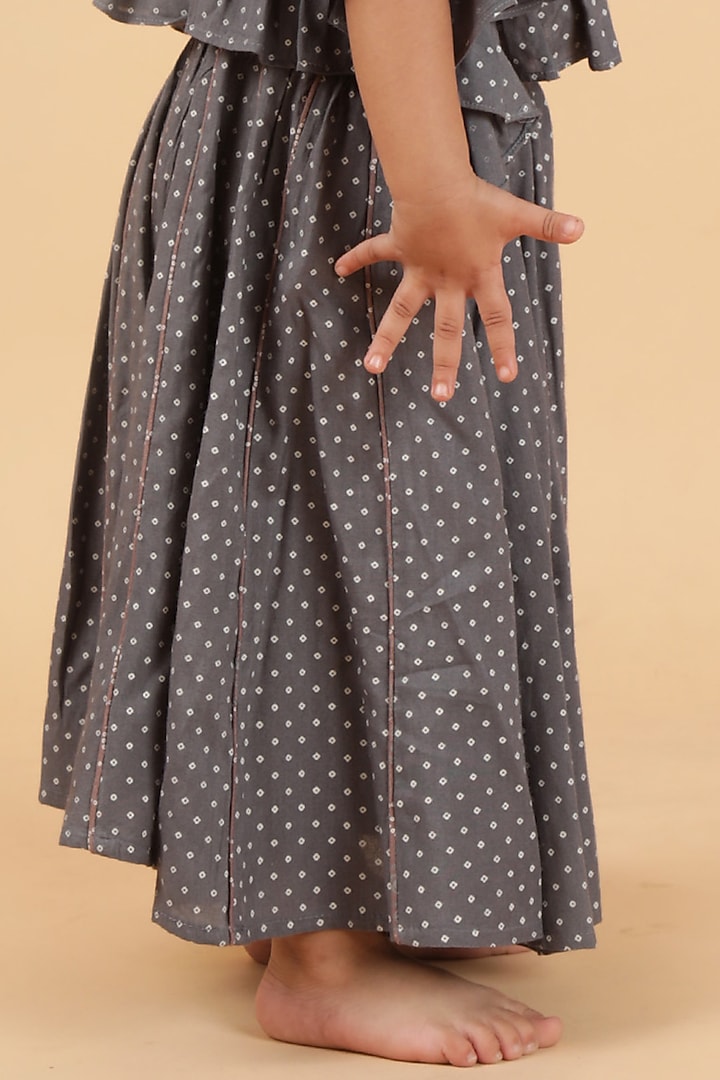 Dark Grey Cotton Bandhani Printed Kalidar Skirt Set For Girls by Tjori India pvt ltd at Pernia's Pop Up Shop