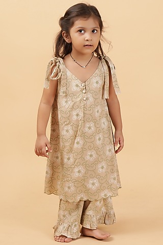 Cream Cotton Bandhani Printed Kurta Set For Girls by Tjori India pvt ltd