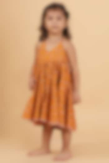 Orange Cotton Bandhani Printed Flared Dress For Girls by Tjori at Pernia's Pop Up Shop