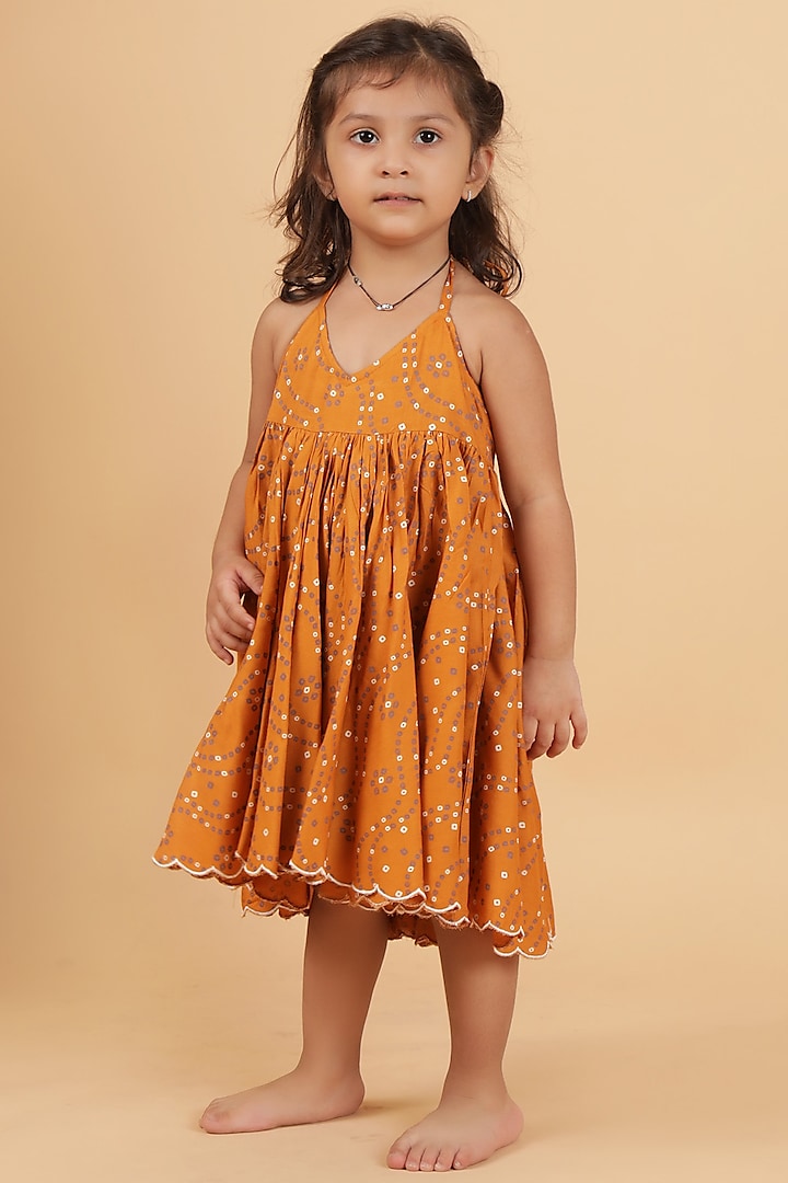 Orange Cotton Bandhani Printed Flared Dress For Girls by Tjori at Pernia's Pop Up Shop