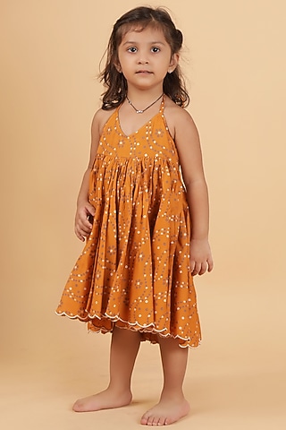 Orange Cotton Bandhani Printed Flared Dress For Girls by Tjori India pvt ltd