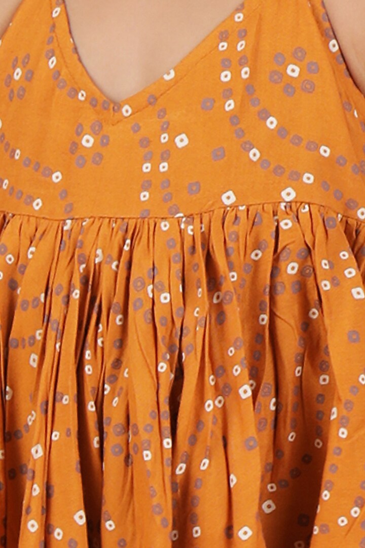 Orange Cotton Bandhani Printed Flared Dress For Girls by Tjori India pvt ltd at Pernia's Pop Up Shop
