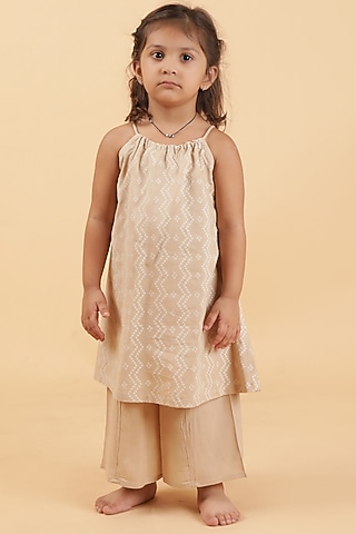 Cream Cotton Bandhani Printed Kurta Set For Girls by Tjori India pvt ltd
