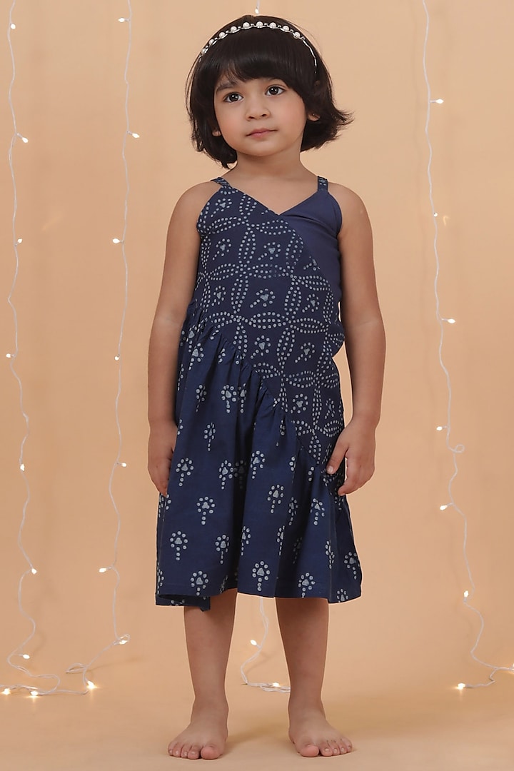 Indigo Blue Cotton Slub Printed Asymmetrical Tiered Dress For Girls by Tjori at Pernia's Pop Up Shop