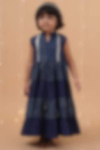 Indigo Blue Cotton Slub Printed Checkered Flared Dress For Girls by Tjori India pvt ltd at Pernia's Pop Up Shop