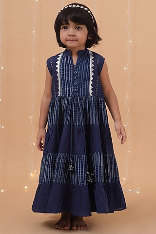 Indigo Blue Cotton Slub Printed Checkered Flared Dress For Girls by Tjori India pvt ltd
