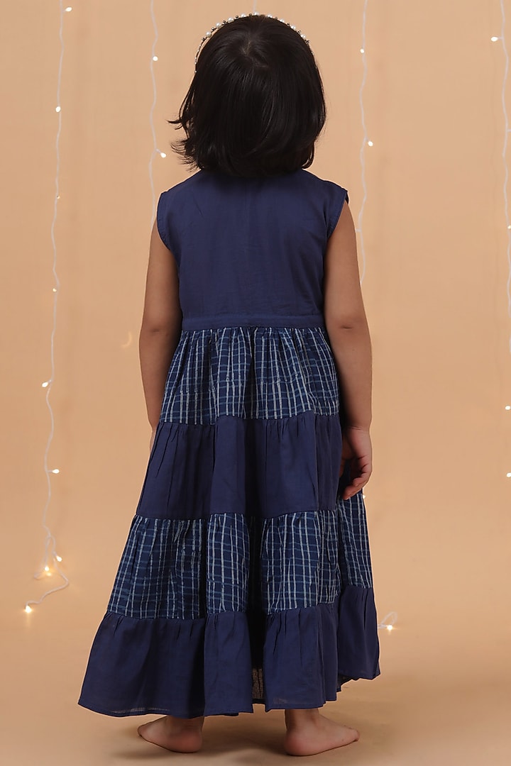 Indigo Blue Cotton Slub Printed Checkered Flared Dress For Girls by Tjori India pvt ltd at Pernia's Pop Up Shop