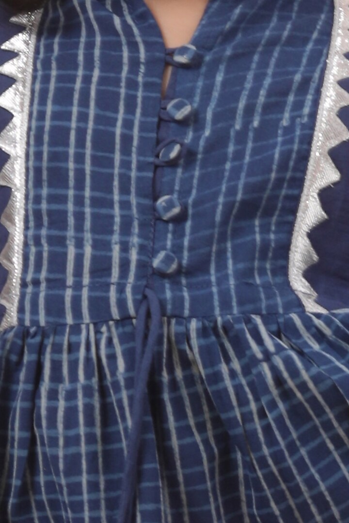 Indigo Blue Cotton Slub Printed Checkered Flared Dress For Girls by Tjori India pvt ltd at Pernia's Pop Up Shop