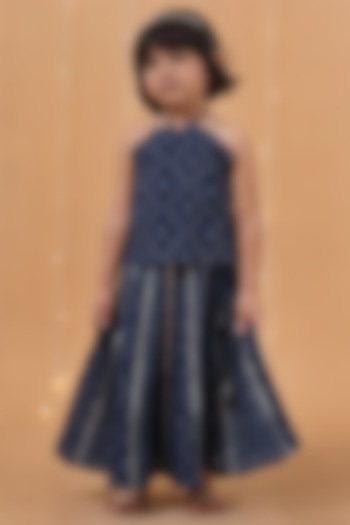 Indigo Blue Premium Cotton Printed Kalidar Skirt Set For Girls by Tjori at Pernia's Pop Up Shop