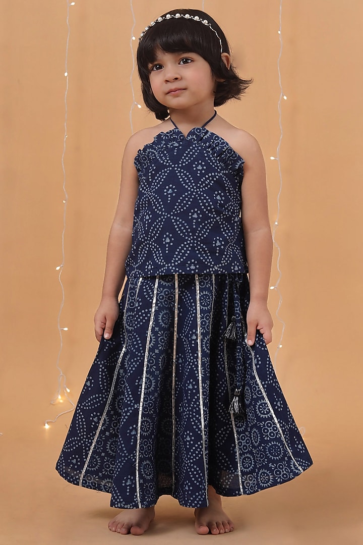 Indigo Blue Premium Cotton Printed Kalidar Skirt Set For Girls by Tjori at Pernia's Pop Up Shop