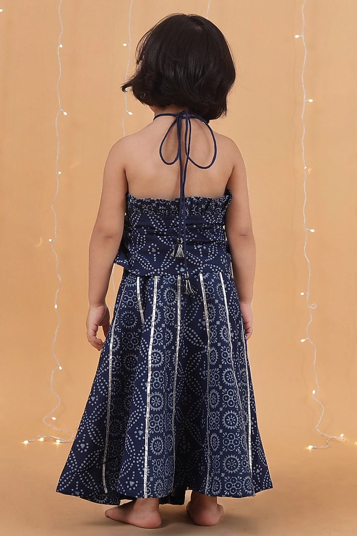 Indigo Blue Premium Cotton Printed Kalidar Skirt Set For Girls by Tjori India pvt ltd at Pernia's Pop Up Shop