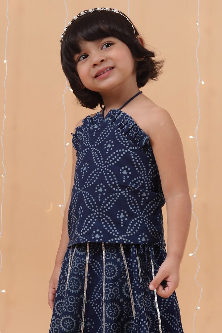 Indigo Blue Premium Cotton Printed Kalidar Skirt Set For Girls by Tjori India pvt ltd at Pernia's Pop Up Shop
