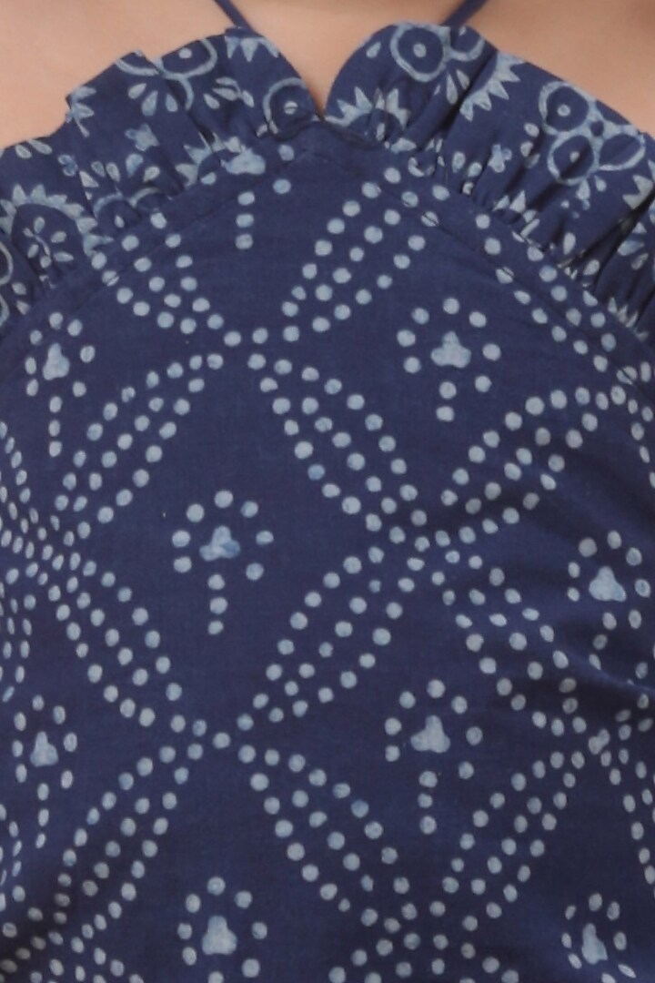 Indigo Blue Premium Cotton Printed Kalidar Skirt Set For Girls by Tjori India pvt ltd at Pernia's Pop Up Shop