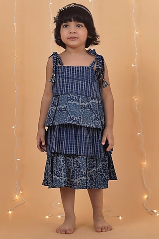 Indigo Blue Cotton Slub Printed Layered Gathered Dress For Girls by Tjori India pvt ltd