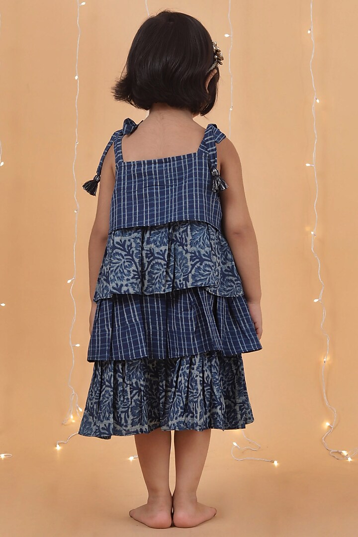 Indigo Blue Cotton Slub Printed Layered Gathered Dress For Girls by Tjori India pvt ltd at Pernia's Pop Up Shop
