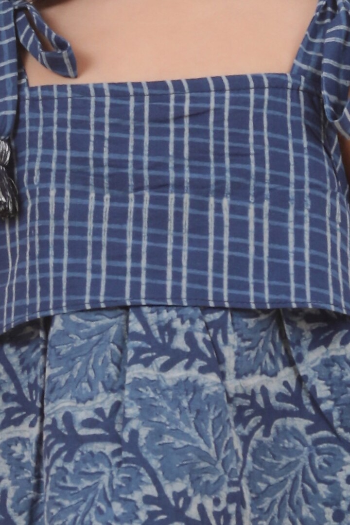 Indigo Blue Cotton Slub Printed Layered Gathered Dress For Girls by Tjori India pvt ltd at Pernia's Pop Up Shop