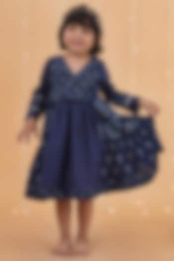 Indigo Blue Premium Cotton Printed Flared Kurta For Girls by Tjori India pvt ltd at Pernia's Pop Up Shop