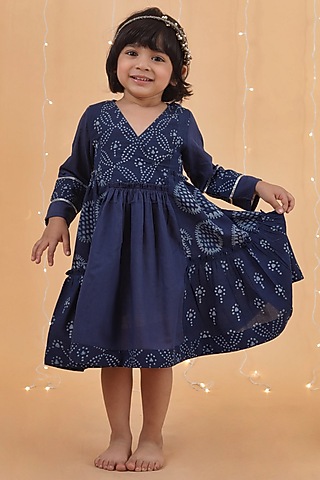 Indigo Blue Premium Cotton Printed Flared Kurta For Girls by Tjori India pvt ltd