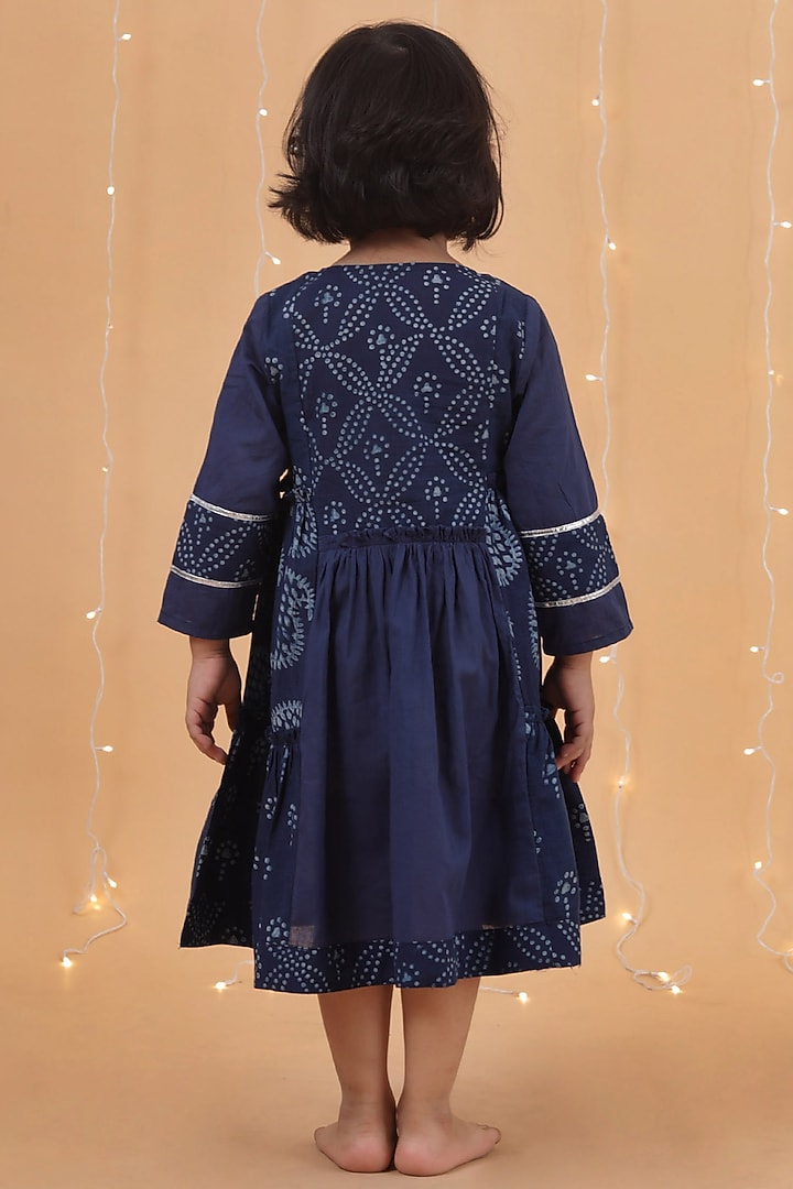 Indigo Blue Premium Cotton Printed Flared Kurta For Girls by Tjori India pvt ltd at Pernia's Pop Up Shop