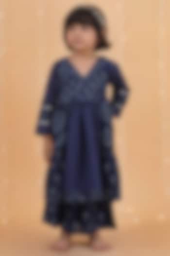 Indigo Blue Cotton Slub Printed Tiered Kurta Set For Girls by Tjori India pvt ltd at Pernia's Pop Up Shop