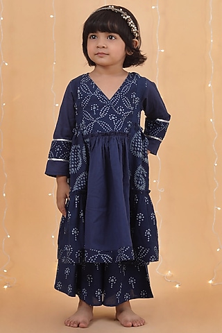 Indigo Blue Cotton Slub Printed Tiered Kurta Set For Girls by Tjori India pvt ltd