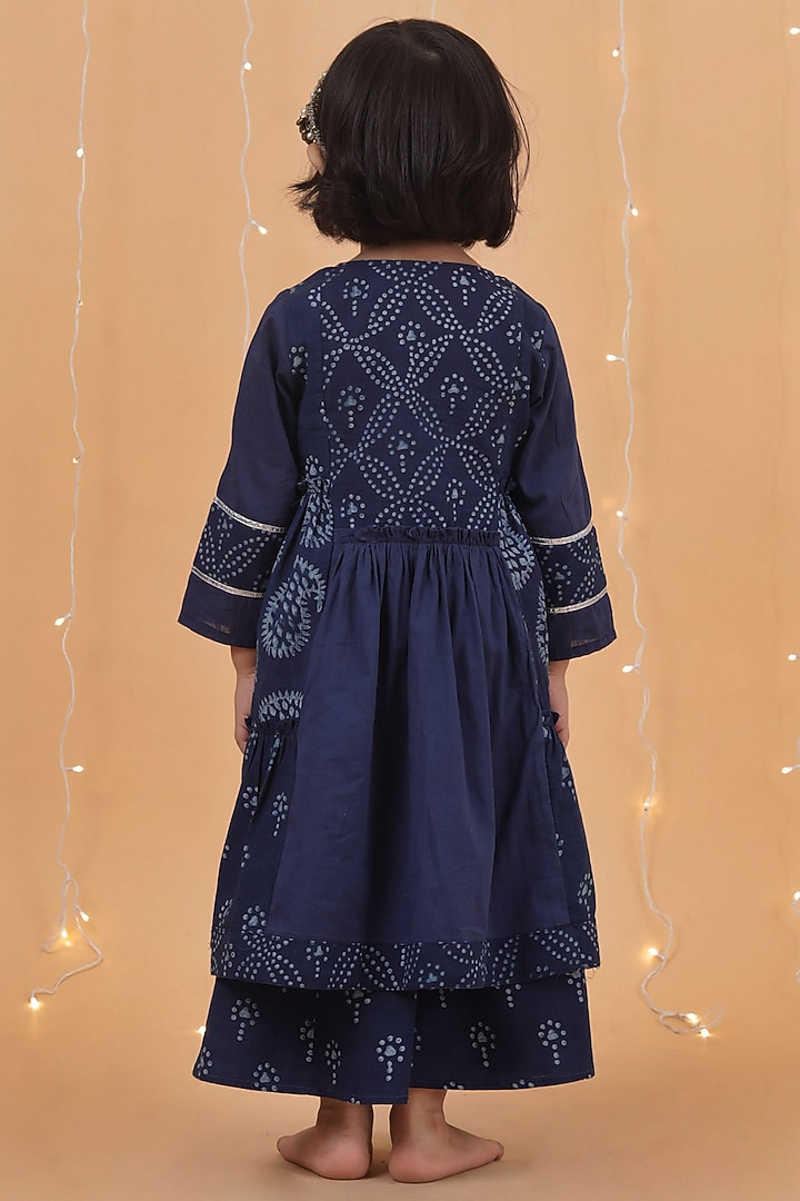 Indigo Blue Cotton Slub Printed Tiered Kurta Set For Girls by Tjori India pvt ltd at Pernia's Pop Up Shop
