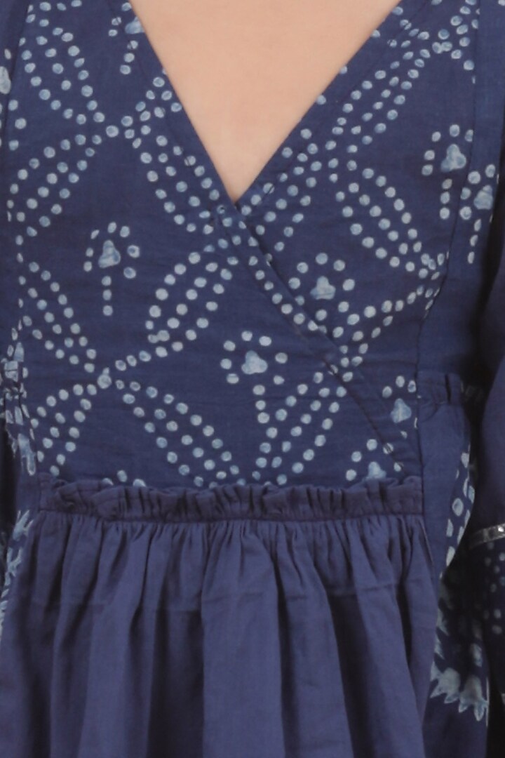 Indigo Blue Cotton Slub Printed Tiered Kurta Set For Girls by Tjori India pvt ltd at Pernia's Pop Up Shop